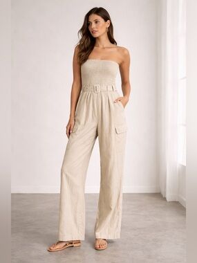Sim and Sam Strapless Cream Beige Jumpsuit Wide Leg Linen Blend Lagenlock XS